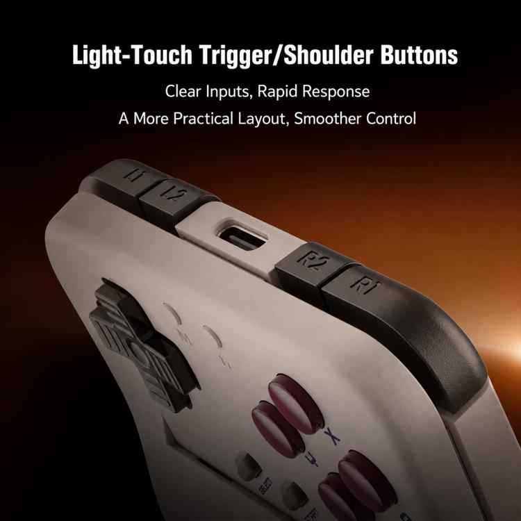 White pocket game controller close-up of top shoulder buttons and trigger area