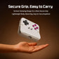 White pocket game controller with secure fold-over grip and purple button layout