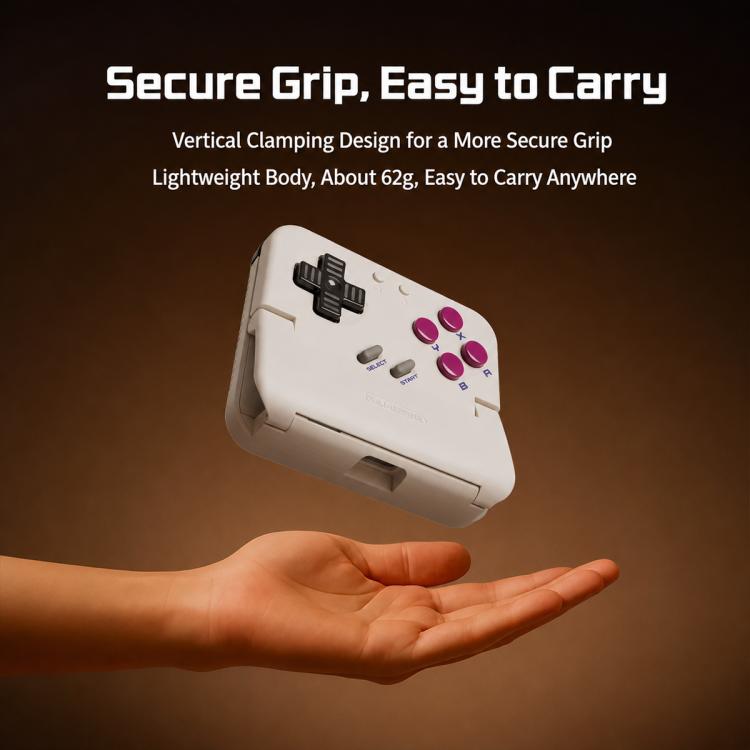 White pocket game controller with secure fold-over grip and purple button layout