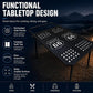 Portable folding metal dining table top with perforated mosaic pattern and foldable frame.