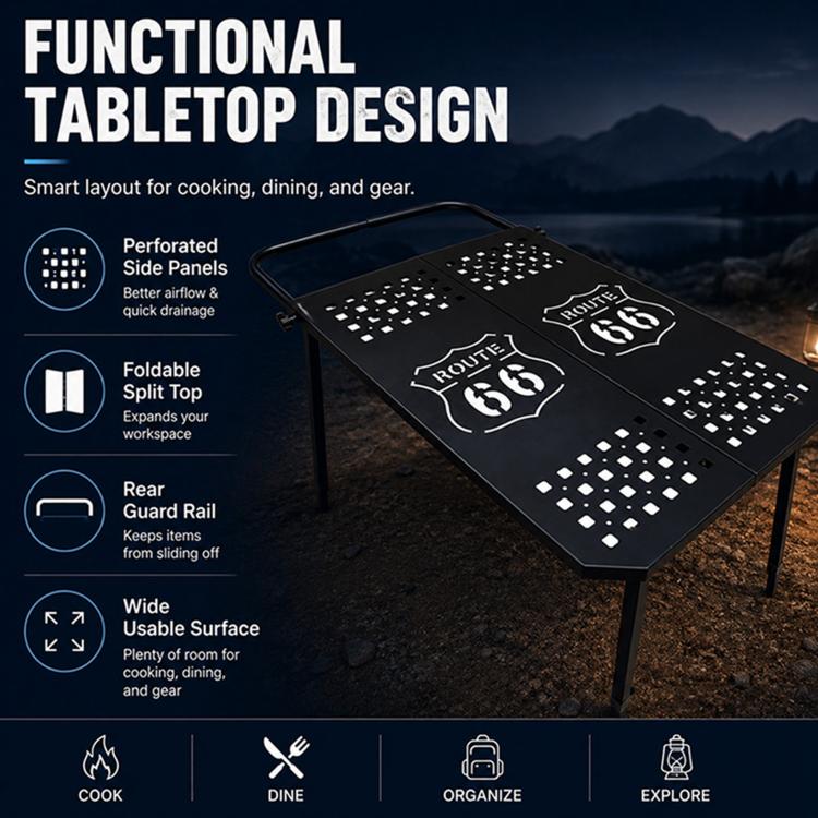 Portable folding metal dining table top with perforated mosaic pattern and foldable frame.