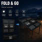 Portable folding metal dining table folded flat, showing perforated mosaic panels.