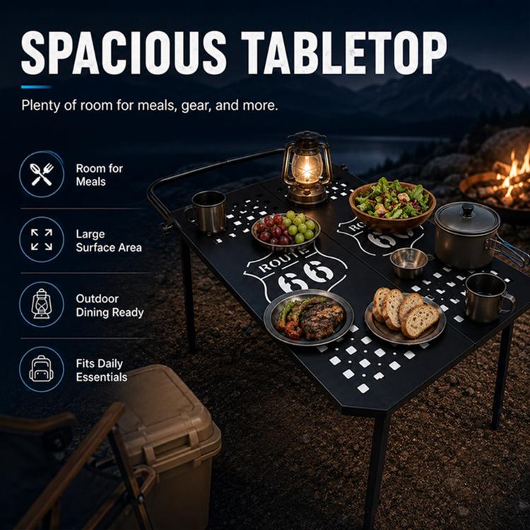 Portable folding metal dining table with wide perforated mosaic tabletop and metal legs.