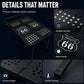 Portable folding metal dining table frame with perforated mosaic tabletop and hinges.