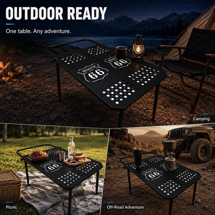 Portable folding metal dining table with perforated mosaic tabletop and four folding legs.