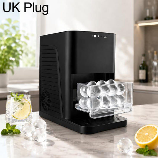 Black countertop spherical ice maker with front clear ice bin and visible ice spheres