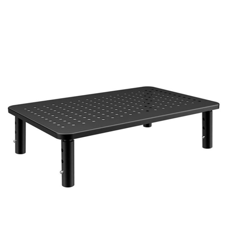 Black metal monitor stand with perforated cooling top and four adjustable iron legs