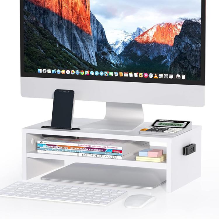 Dual-tier monitor stand with phone holder, white finish, open storage shelves