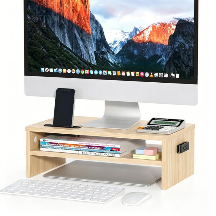 Dual-tier monitor stand with phone holder, natural wood finish, open storage shelves