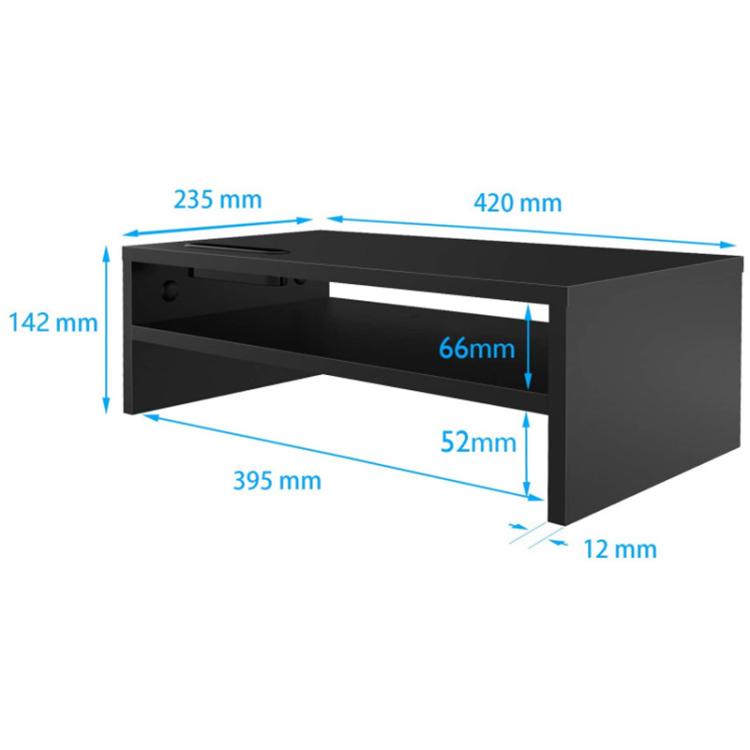 Black dual-tier monitor stand dimensions diagram with measured shelf openings