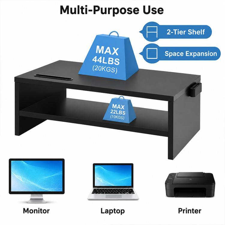 Black dual-tier monitor stand with phone holder and open storage shelves