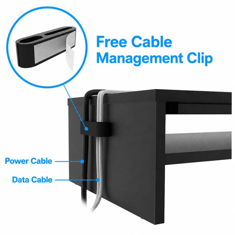 Black dual-tier monitor stand with cable management clip on the side