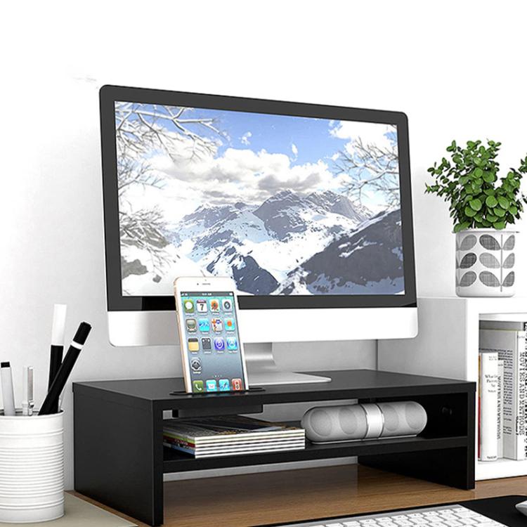 Black dual-tier monitor stand with phone holder and lower open storage shelf