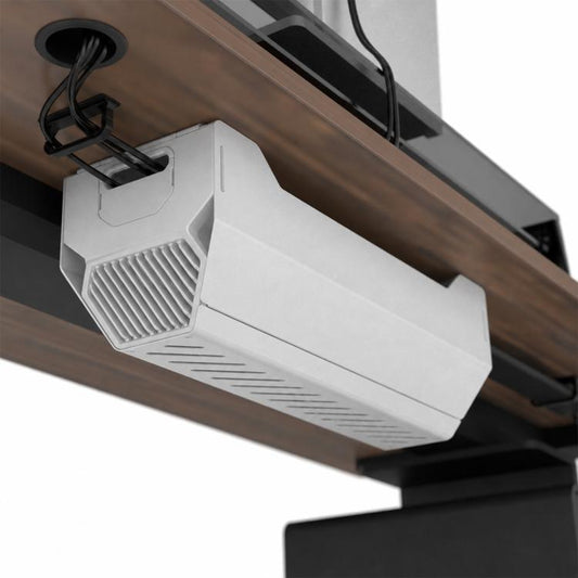 White under-desk metal cable management box with vented intake panels