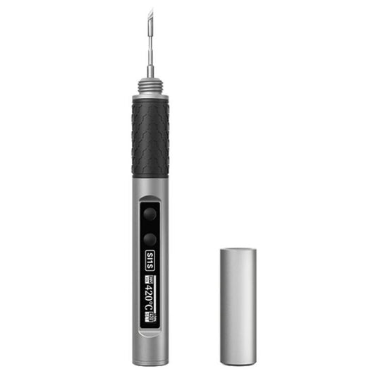 Portable electric soldering iron with black textured handle and silver body, tip up