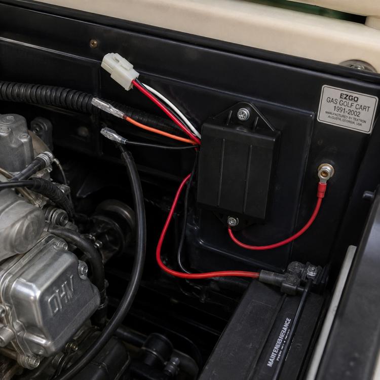AC CDI ignitor module with red and black wire leads, mounted in golf cart