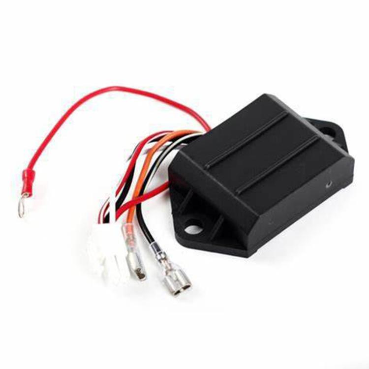 AC CDI ignitor module with red wire and connector plugs, black housing