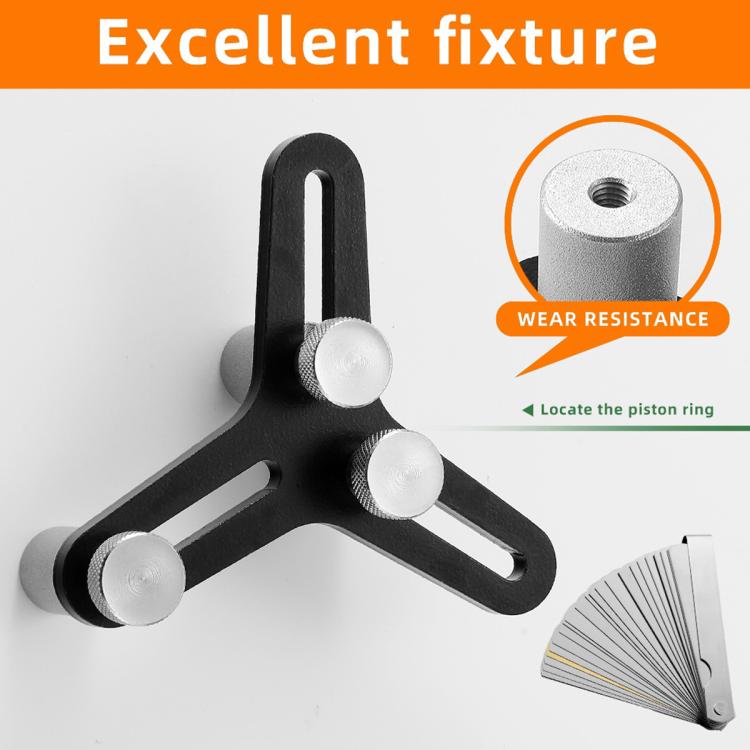 Piston ring squaring tool with three silver anvils and included wear gauge fan