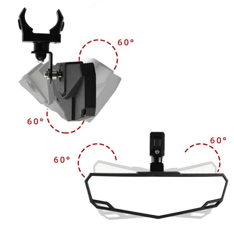 Adjustable rearview mirror with tilting angles shown for viewing adjustment