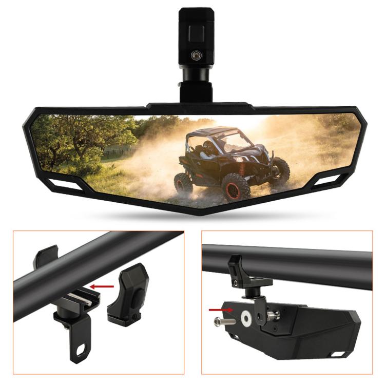 ATV rearview mirror with tinted reflective panel and black mounting bracket
