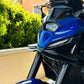 Motorcycle front spoiler downforce winglets, black installed on blue motorcycle