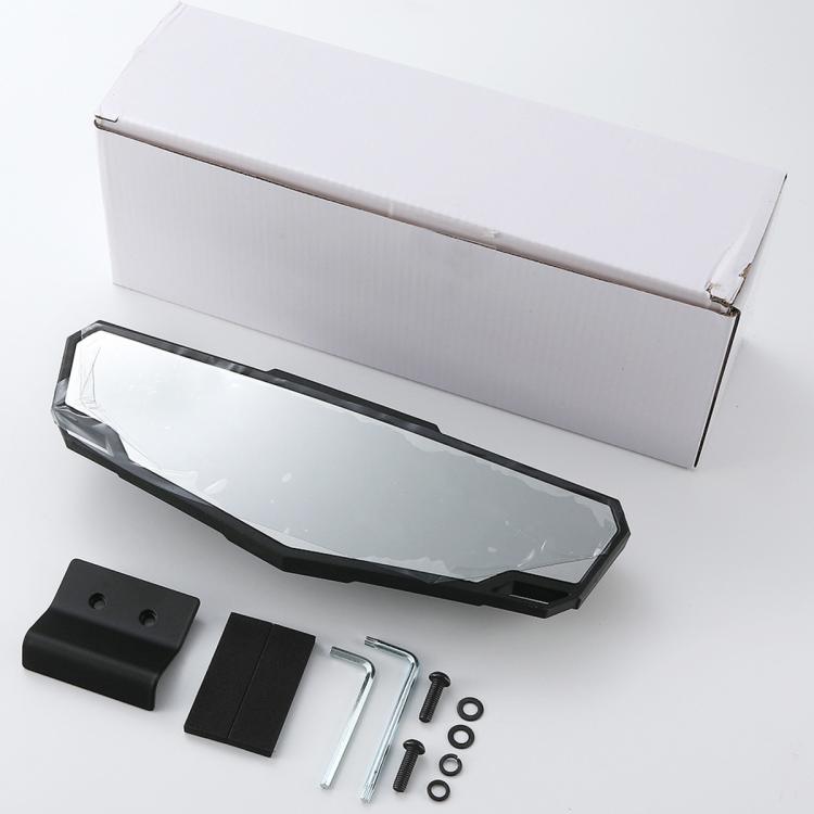 UTV center rear view mirror kit in box with black frame, brackets, and hardware