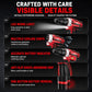 Red cordless drill driver with black anti-slip grip and front work light