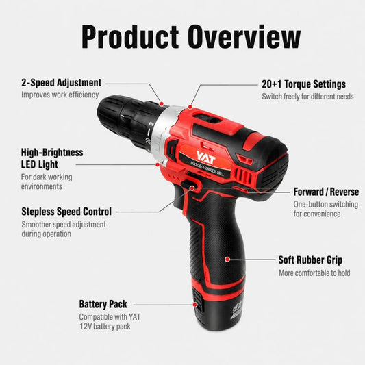 YAT D3303-9 Cordless Electric Drill Driver, Lithium Battery Power Drill Screwdriver for Wood, Plastic and Metal