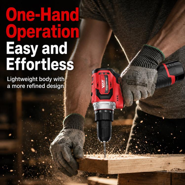 Cordless drill driver in use: red-and-black drill bit tool in gloved hand