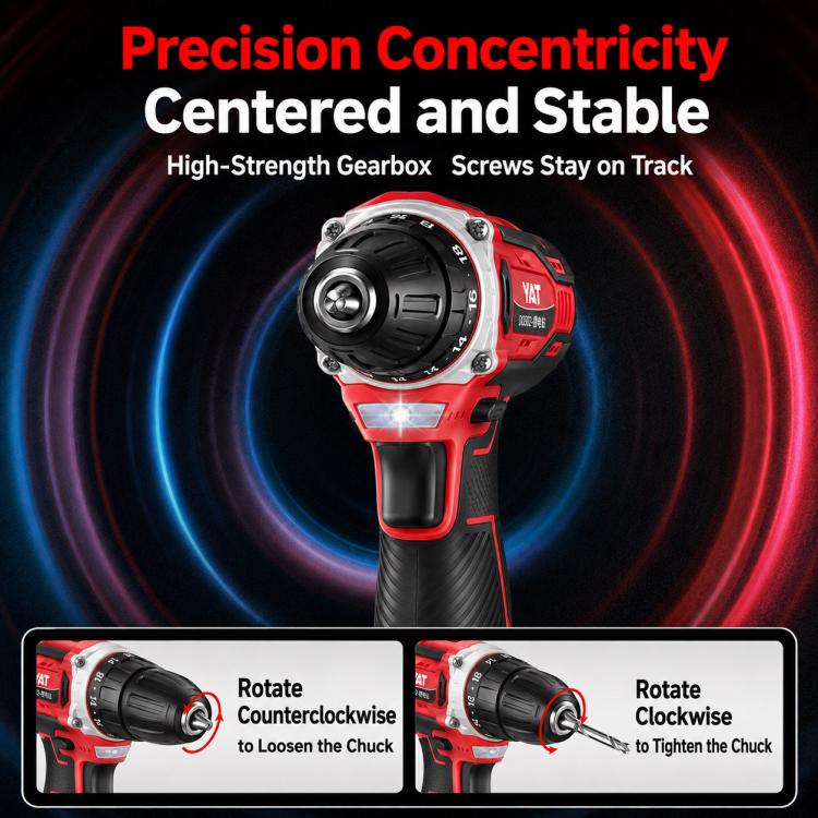 Red-and-black cordless drill driver front view with keyless chuck
