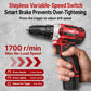 Cordless drill driver held in hand, red-and-black body with trigger