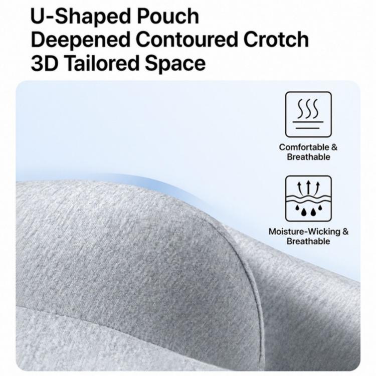 Men's grey boxer brief crotch area close-up with contoured seam and elastic trim.