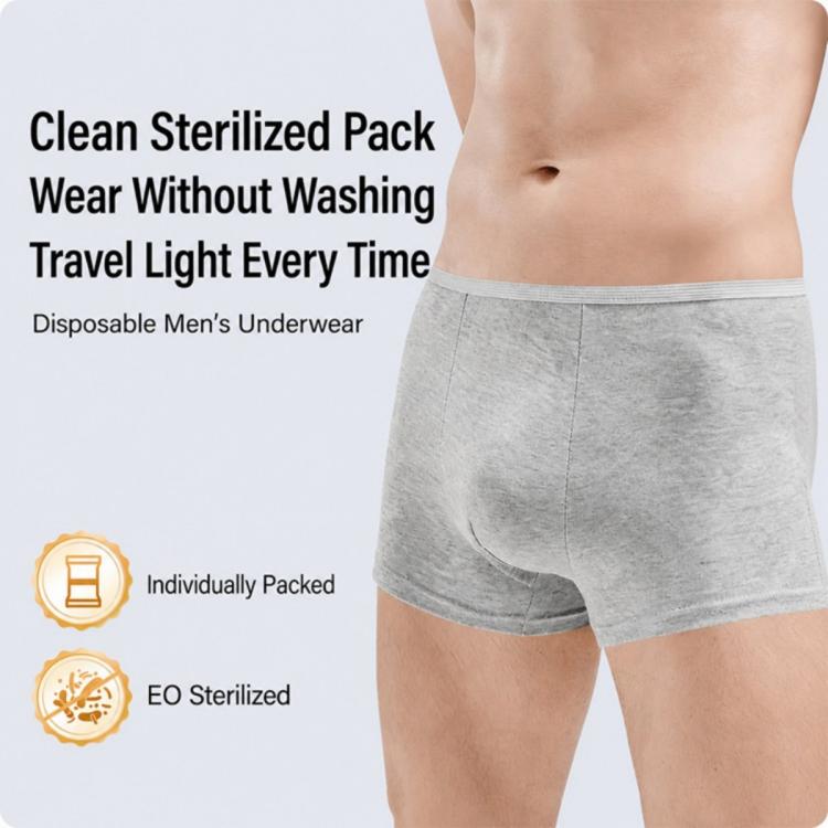 Men's gray disposable boxer briefs, individually packed EO-sterilized for travel