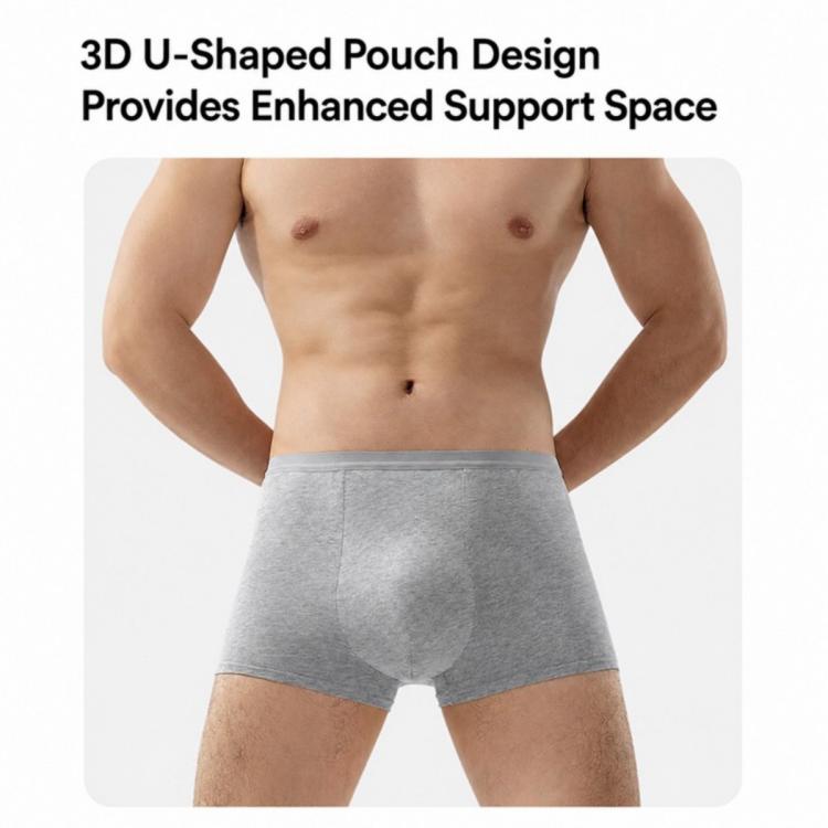 Men's grey disposable boxer briefs with 3D pouch front and elastic waistband.