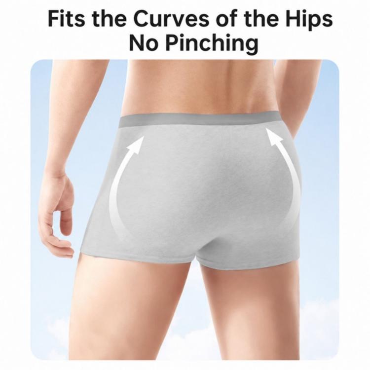 Men's grey disposable boxer briefs on model, no-pinching fit with elastic waistband.