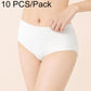 Women's disposable cotton crotch brief, white ribbed knit, front view, 10-pack.