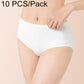 Women's white disposable cotton crotch brief, ribbed knit waistband, hand adjusting fit, 10-pack.