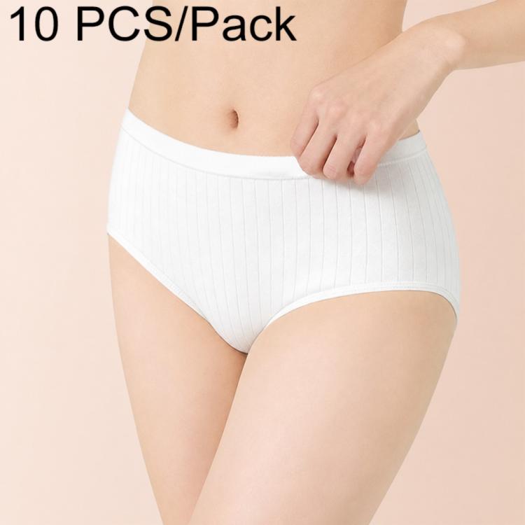 Women's white disposable cotton crotch brief with ribbed texture, waistband held in place, 10-pack.