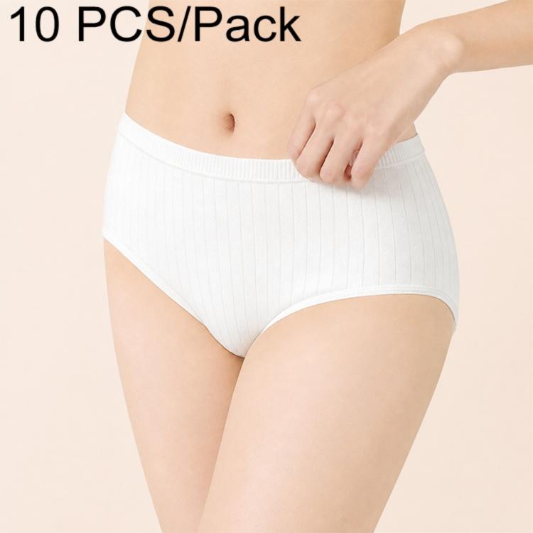 Women's disposable cotton crotch brief in white, ribbed knit, hand on waistband, 10-pack.