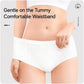 Women disposable brief underwear, white, gentle elastic waistband close-up over tummy area