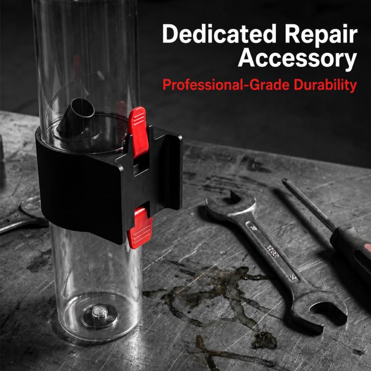 Black plastic connector housing with red locking tabs and cylindrical clear tube inlet.