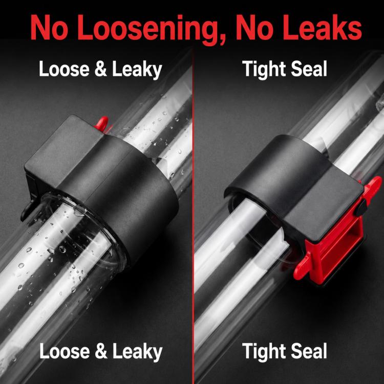 Wet floor cleaner water tank connector with black seal tube and red clamp latches.