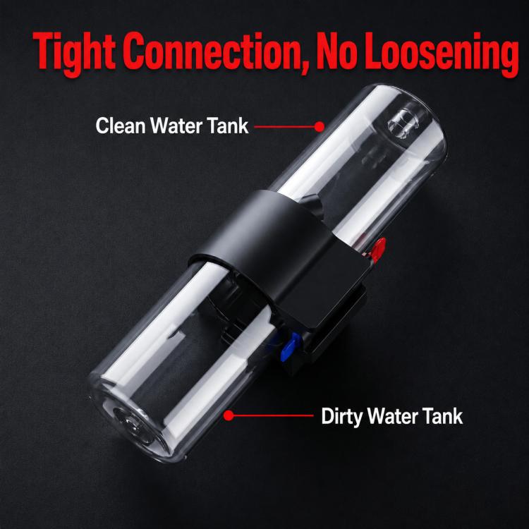 Clear and black tank connector assembly linking clean and dirty water tanks.