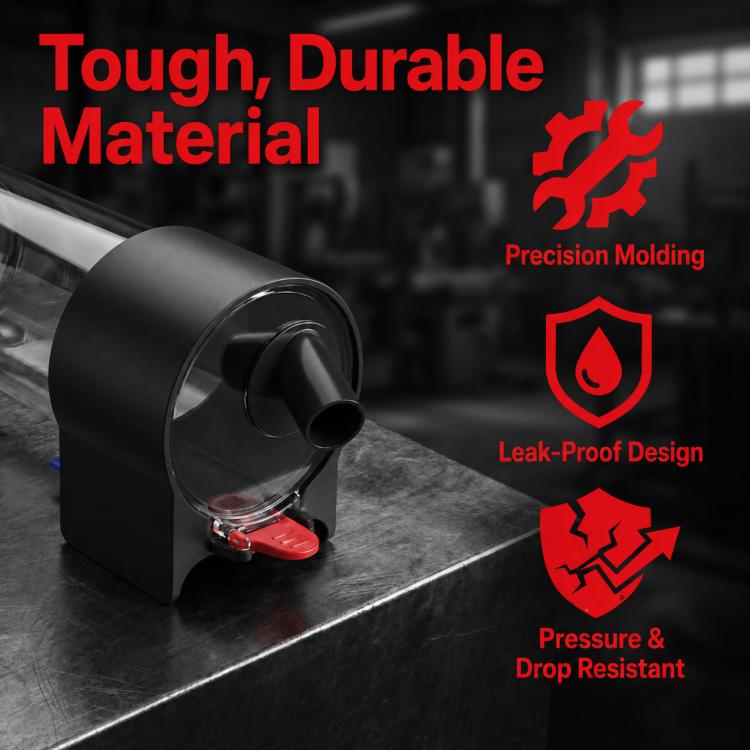 Black connector base with clear tube and red latch, leak-seal style design.