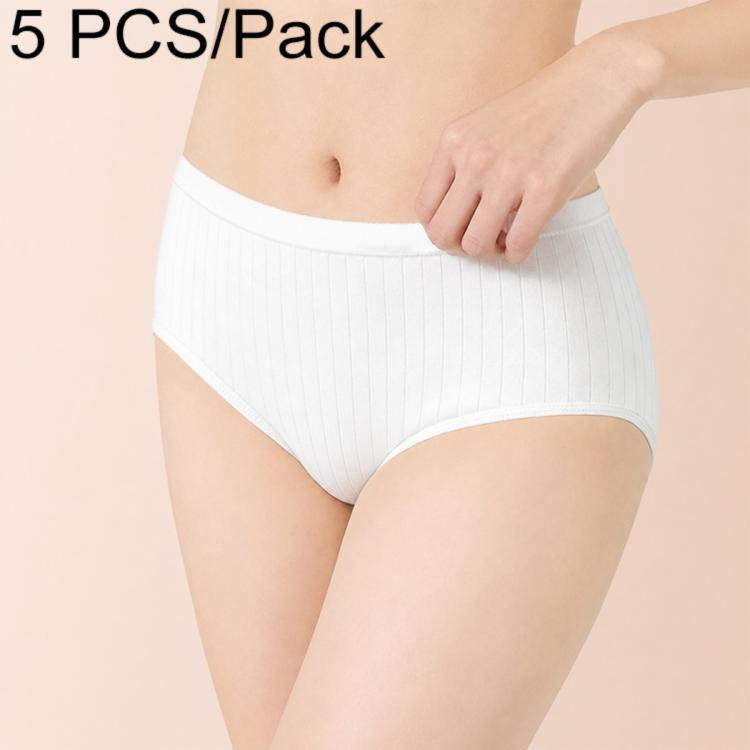 Women’s disposable cotton brief, white with ribbed waistband, hand holding top, 5-pack
