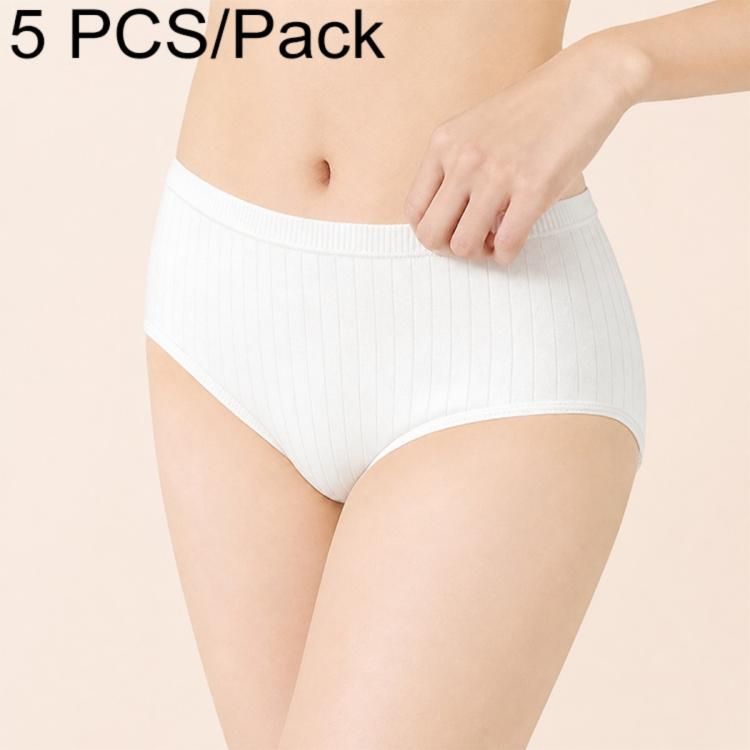 Women’s disposable cotton brief, white ribbed fabric, leg openings, 5-pack