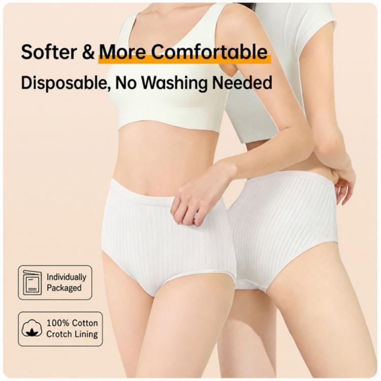 Women’s disposable underwear briefs, white pinstripe fabric, medium coverage