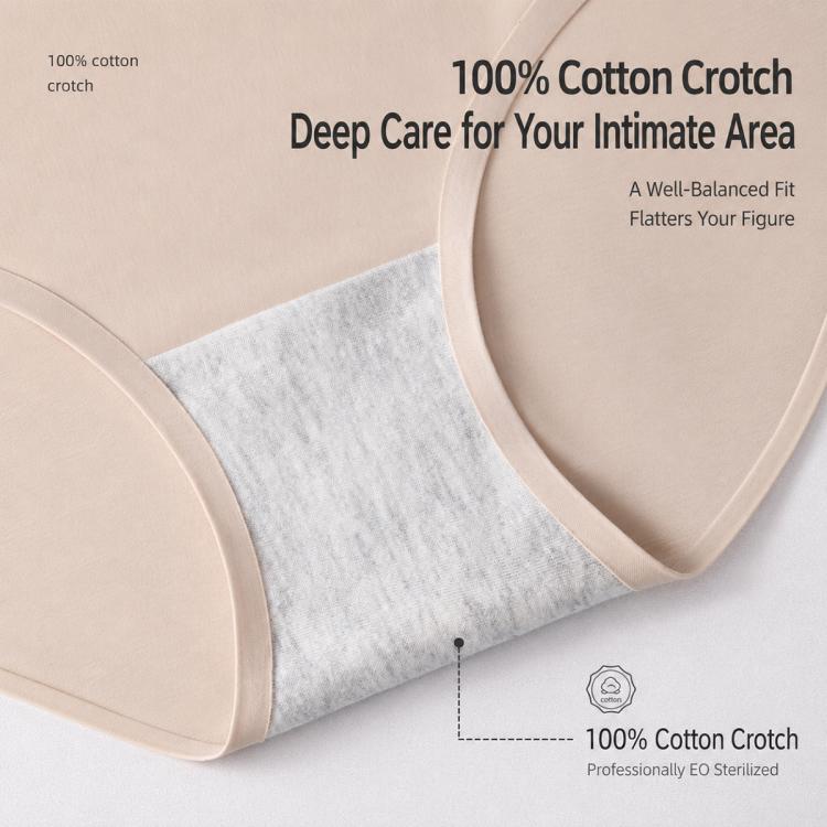 Close-up seamless disposable underwear brief showing 100% cotton crotch in heather gray
