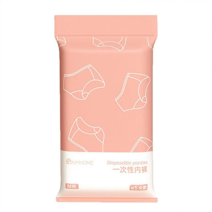 Pink disposable panties pack, size M, 5-count individually wrapped briefs