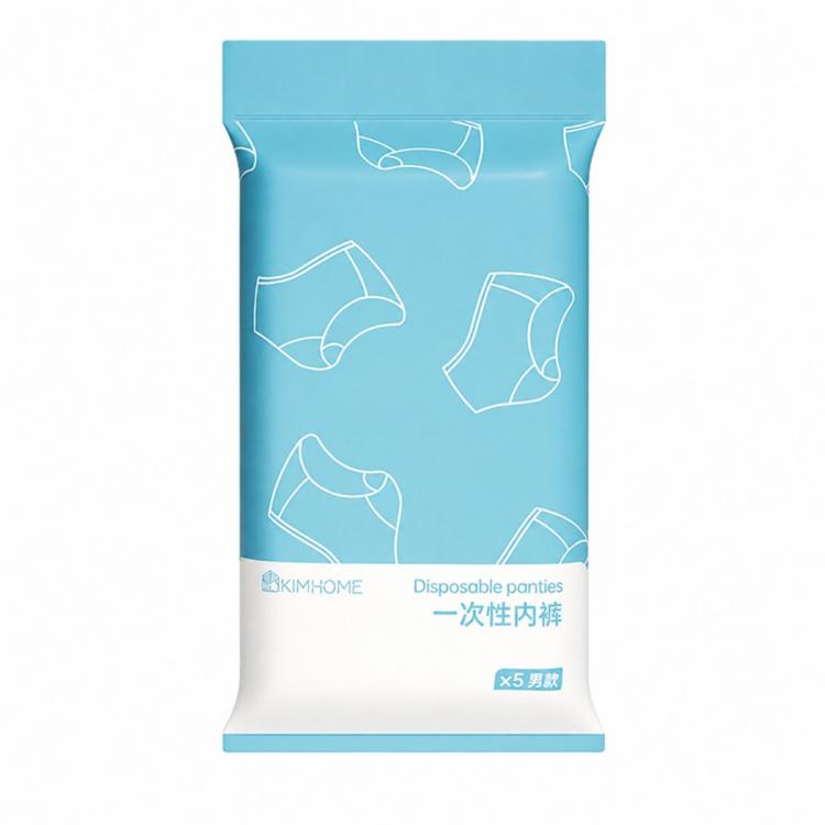 Blue disposable panties pack, size M, 5-count individually wrapped briefs